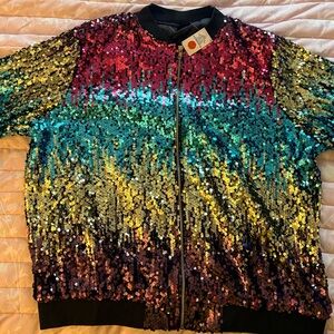 Rainbow Sequin Bomber Jacket - Red, Teal, Yellow, Purple